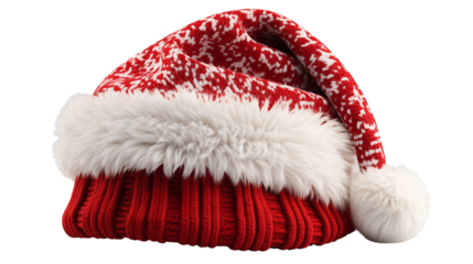 A red Santa hat with a white pompom, Christmas, Holidays, isolated on transparent background.