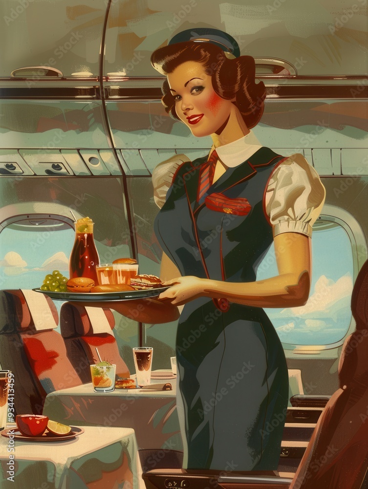 Poster a flight attendant in a retro uniform serves a colorful breakfast tray to passengers on an airplane.
