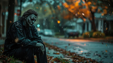 Handsome young man with sugar skull makeup poses in an abandoned castle at Halloween