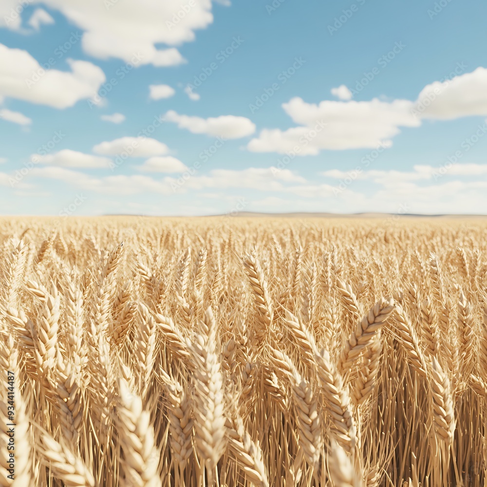 Wall mural golden wheat field with blue sky and clouds