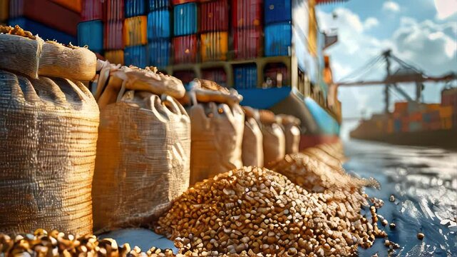 Stacks of grain sacks and a pile of wheat in front of a large container ship at a busy port