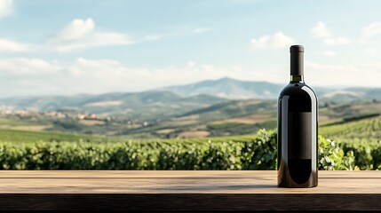 Fototapeta premium Wine Bottle on Wooden Table with Vineyard Landscape