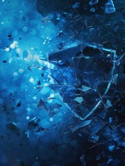 A hacker disrupts a digital shield, causing fragments to scatter in a vivid blue environment, symbolizing cybersecurity threats and breaches. Generative AI