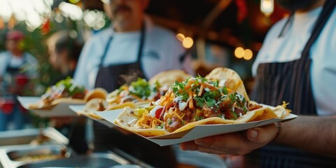 Diverse chefs showcasing street food on cardboard plates with a blurred background.