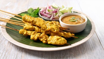 Malaysian chicken satay with a side of peanut sauce; a delicious plate of barbecue chicken on a dressed plate; food photography; selective focus; blurred background; Malaysian food
