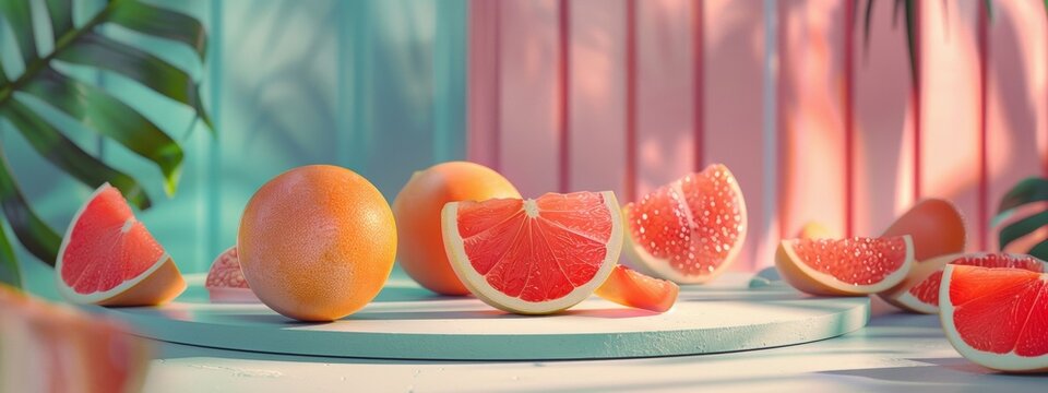 Fresh grapefruit slices and whole fruits on a pastel background