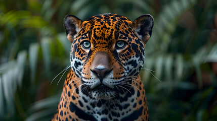 Obraz premium Amazon Jaguar's face, showcasing its piercing eyes and intricate fur patterns with blurred jungle foliage in the background