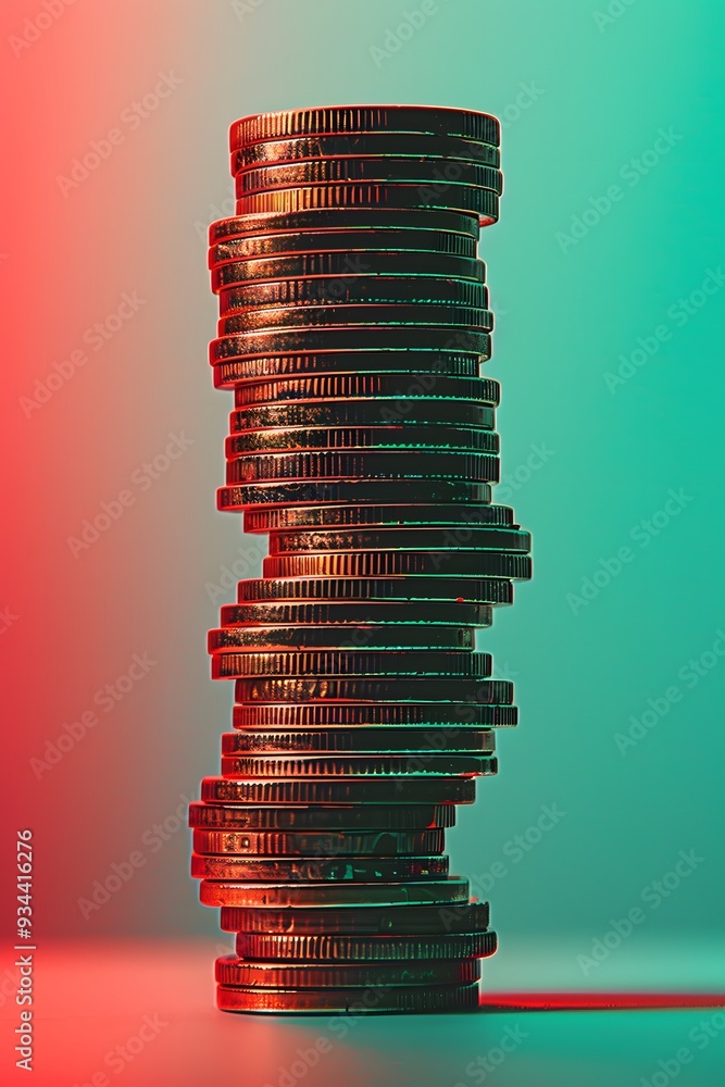 Poster a stack of coins against a gradient backdrop transitioning from red to green indicating market fluct