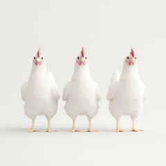 Fototapeta premium Three White Chickens Standing in a Row on a White Background
