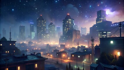Fototapeta premium Ethereal Hazy Urban Nightscape with Twinkling Lights and Starry Sky