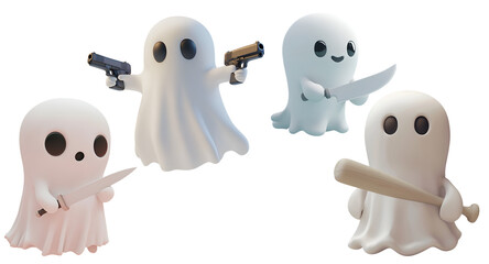 Killer Ghost Holding a Weapon Set Collection for Halloween Character in Animation Cartoon Style 3D Illustration, Isolated on Transparent Background, PNG