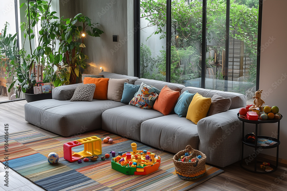 Wall mural a living room with an open space layout, featuring a grey sofa and coffee table adorned with colorfu