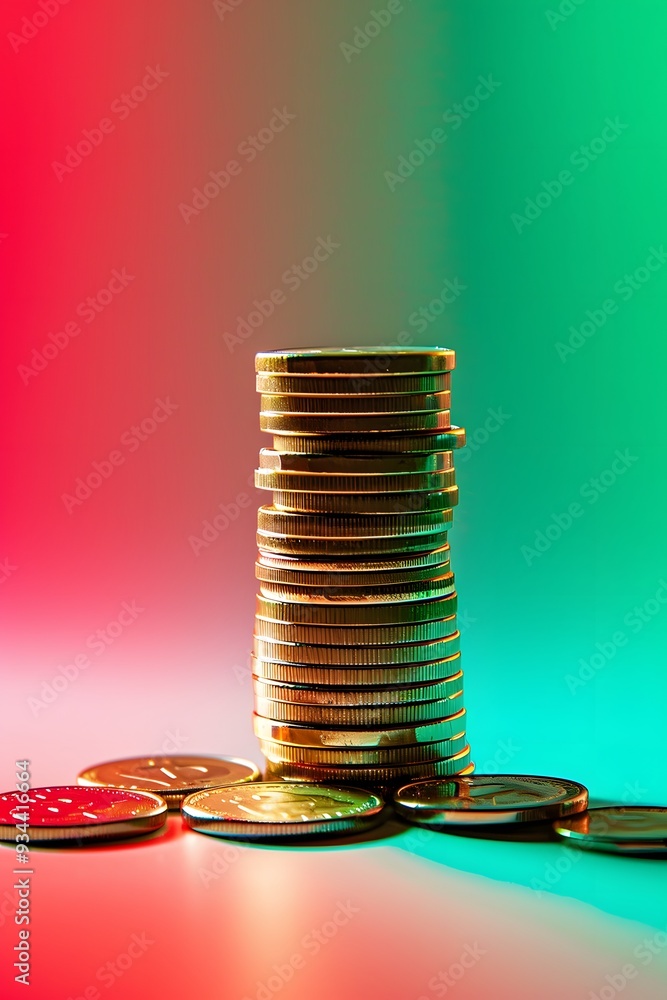 Poster a stack of coins against a gradient backdrop transitioning from red to green indicating market fluct