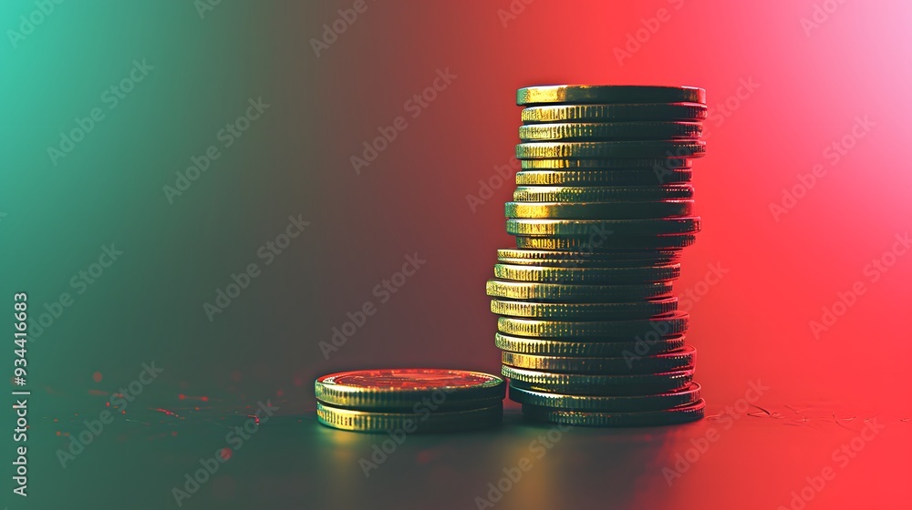 Poster a stack of coins against a gradient backdrop transitioning from red to green indicating market fluct