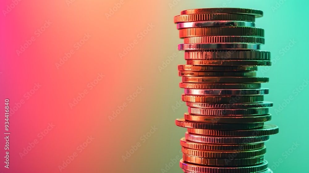 Poster a stack of coins against a gradient backdrop transitioning from red to green indicating market fluct
