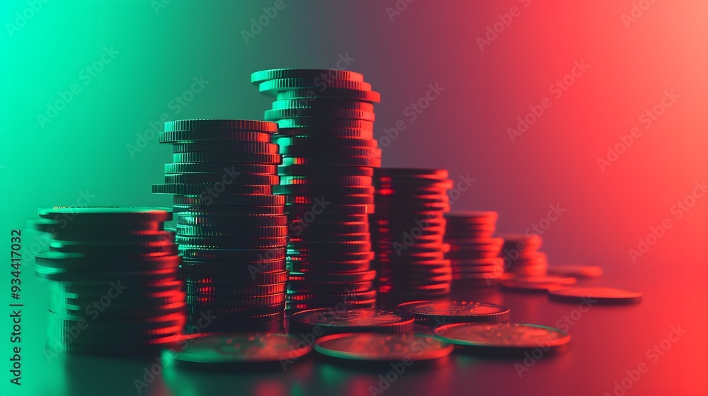 Poster a stack of coins against a gradient backdrop transitioning from red to green indicating market fluct