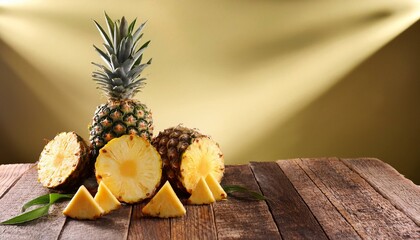 A closeup view of sliced and uncut pineapples against a yellow background and on a wooden table; food photography; fruits and vegetables; ripe pineapples in display on a yellow table