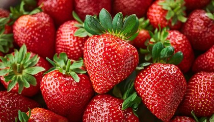 Fresh and red strawberries in a closeup and focused; fruits and vegetables; beautiful and healthy strawberries in display; food photography and studio lighting; strawberry farm and farmers