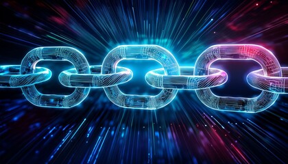 An illustration of a strong chain representing the blockchain technology with encryption and cybersecurity; 3D art of a digital data chain called blockchain fintech with data graphics; futuristic back