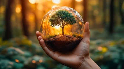 A hand holds a glass sphere with a tree on a forest background, an environmental concept for Earth Day.