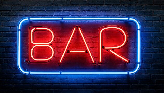 A glowing neon sign that says Bar against a dark brick wall; neon signage; a bar sign for patrons to patronize the bar and being able to find the bar location - Powered by Adobe