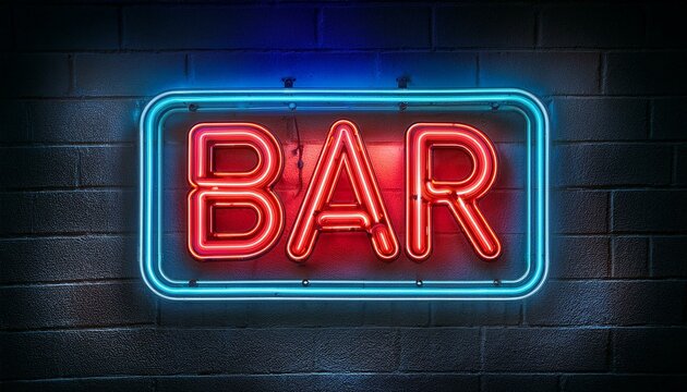 A glowing neon sign that says Bar against a dark brick wall; neon signage; a bar sign for patrons to patronize the bar and being able to find the bar location - Powered by Adobe