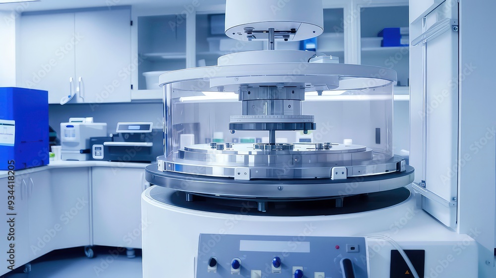 Poster a close-up of a laboratory machine with a rotating platform and a clear protective dome.