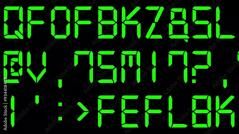 Poster randomly changing alphanumeric green digital characters in three rows on black background, featuring