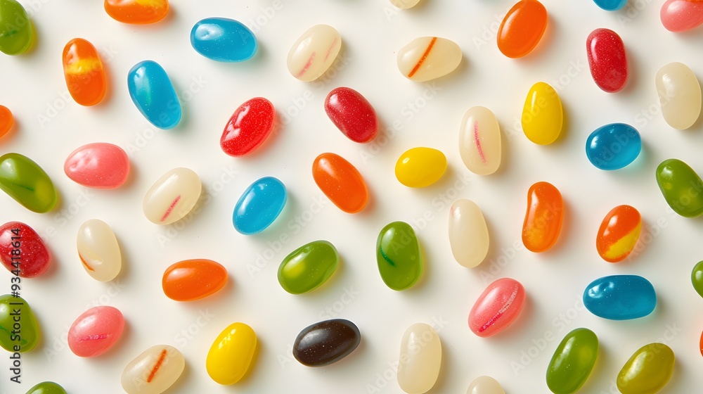 Poster a streamlined layout of a single layer of colorful jelly beans on a flat surface without any distrac