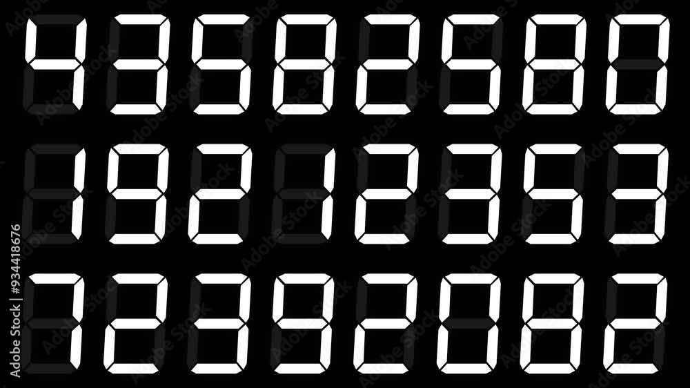 Poster randomly changing eight-digit matte white digital numbers in three rows on black background, featuri