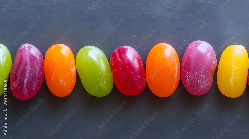 Poster a streamlined layout of a single layer of colorful jelly beans on a flat surface without any distrac