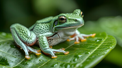 Obraz premium Amazon Leaf Frog sitting on a bright green leaf, its vibrant green color standing out