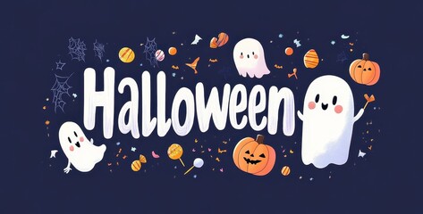 Whimsical Halloween celebration featuring playful ghosts, pumpkins, and candy against a dark background. Generative AI