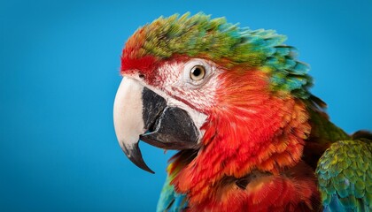 Fototapeta premium Closeup view of a beautiful multicolor macaw or parrot with a blue background; animals and pets; a macaw or parrot head in focus; animal photography
