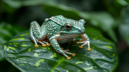Obraz premium Amazon Leaf Frog sitting on a bright green leaf, its vibrant green color standing out