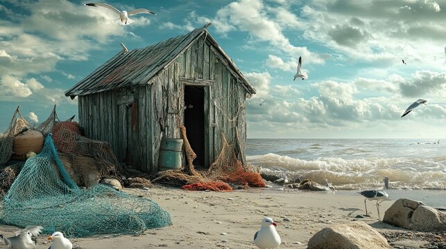 A weathered wooden shack on a sandy beach with fishing nets and seagulls flying overhead