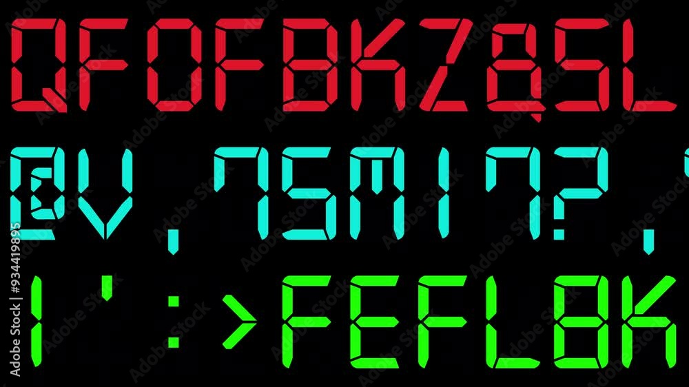Aufkleber randomly changing alphanumeric red, blue and green digital characters in three rows on black backgro