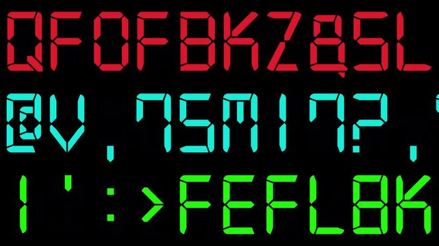 Randomly Changing Alphanumeric Red, Blue and Green Digital Characters in Three Rows on Black Background, Featuring High-Visibility LED Display. 4K Motion Graphics.