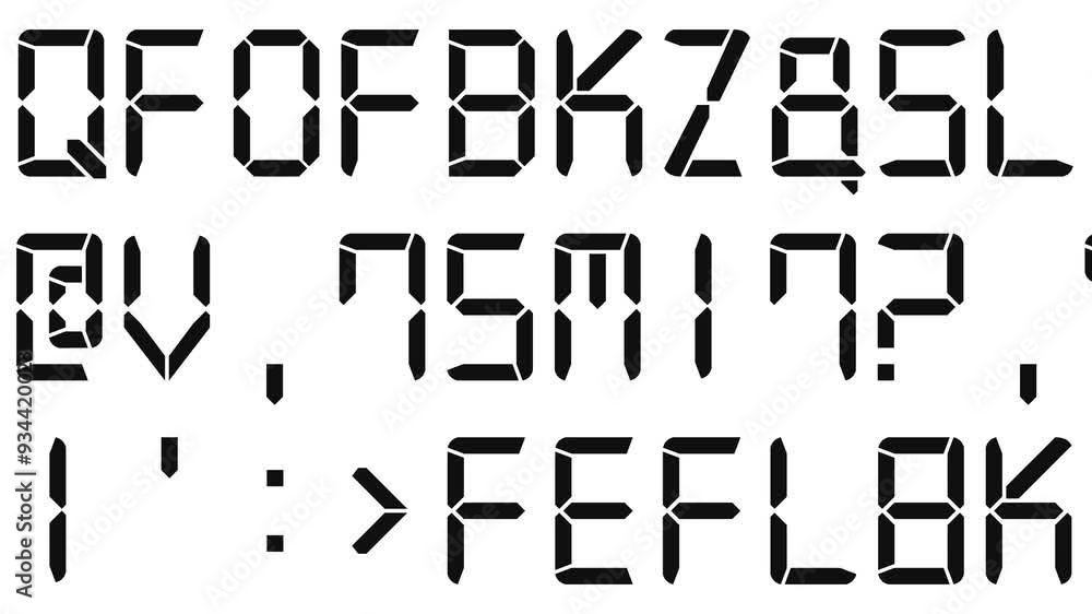 Poster randomly changing alphanumeric matte black digital characters in three rows on white background, fea