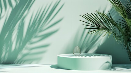 A subtly gradated background with a premium podium and the shadow of tropical palm leaves for an eye-catching cosmetic product stage AI generated illustration
