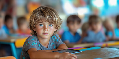 Boy with a tablet in a school classroom