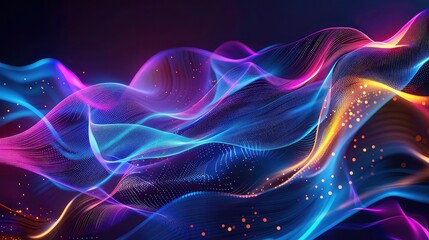 A vibrant abstract background with a blend of purple, blue and yellow flowing lines over a dark purple background.