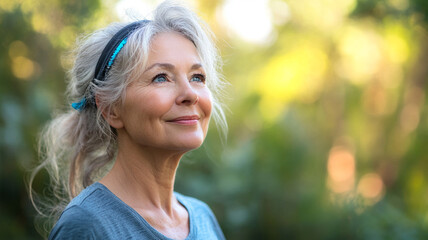 Smiling elderly woman outdoors with sunlight streaming through, surrounded by nature, enjoying a moment of relaxation.
