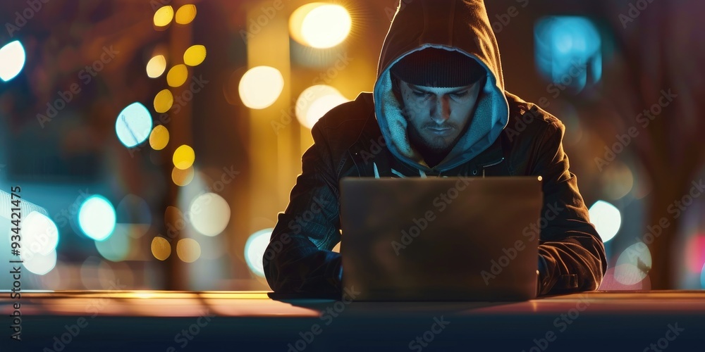 Poster individual utilizing a laptop after dark to infiltrate software databases for a cyber assault, riski