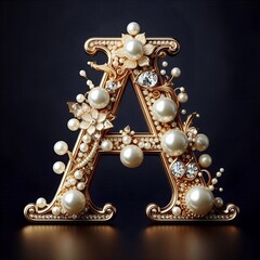 Jewelry in the shape of the letter A. Made of openwork gold, decorated with pearls and diamonds.