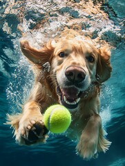 a happy golden retriever catching a tennis ball underwater