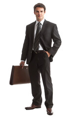 Confident young businessman in dark suit stands with briefcase, projecting professional demeanor against white background. Ready for corporate success.