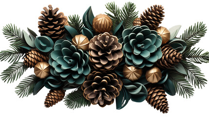 Fototapeta premium Christmas tree wreath and cones, isolated on transparent background.