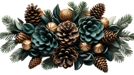 Christmas tree wreath and cones, isolated on transparent background.