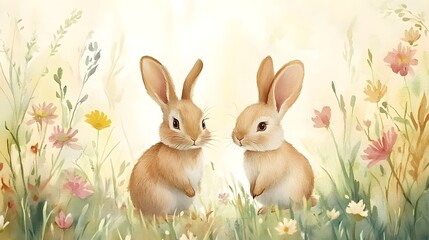 Obraz premium Whimsical watercolor meadow with charming rabbits, painted in soft pastels, ideal for a child's room, evoking warmth and gentle playfulness